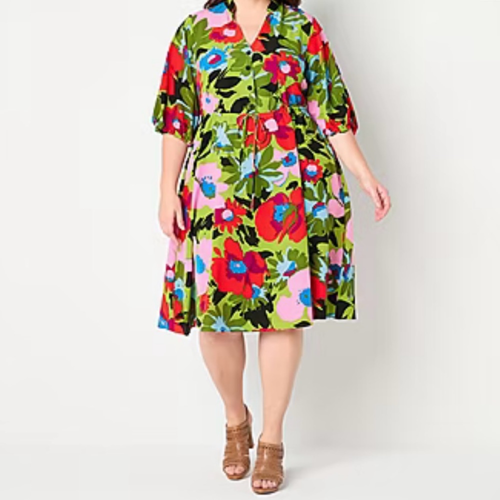 Vibrant Floral Midi Dress - Red, Green, Blue